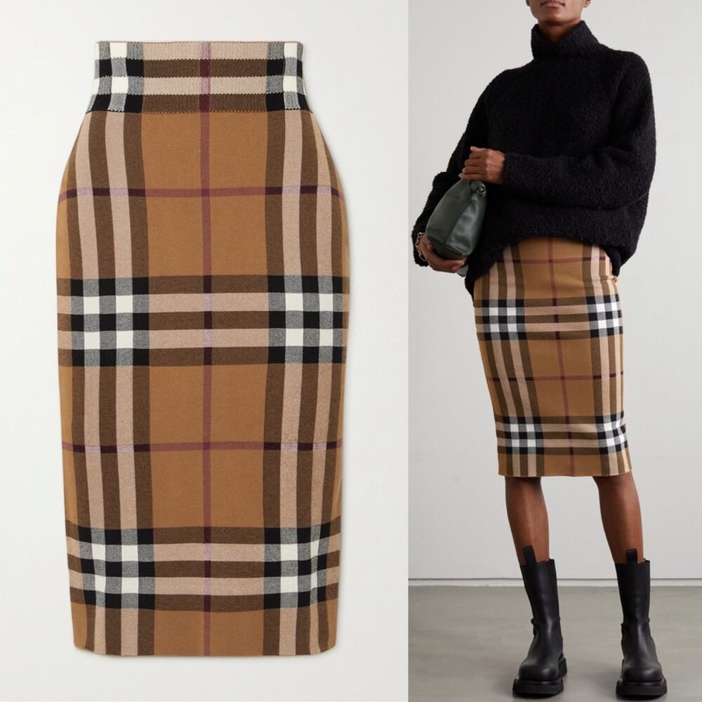 Burberry Kammie Check Pencil Skirt in Birch Brown - Picture 4 of 17